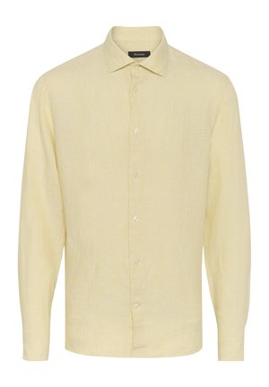 Lichtgele linnen langemouwenhemd met een kraag en een sluiting met knopen aan de voorkant. Heeft een gestructureerde stof en een rechte zoom.