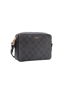 Texturovaná černohnědá kostkovaná kožená taška se zipem, zlatým logem a nastavitelným ramenním popruhem. Obdélníkový tvar.