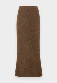 Jupe en laine marron, ajustée, avec un ourlet évasé, mettant en valeur un tissu doux et texturé. Aucune couture ni embellissement visible.