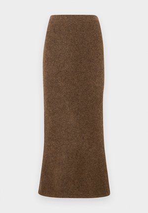 Saia de lã ajustada castanha com bainha godê, apresentando um tecido suave e texturizado. Sem fechos ou adornos visíveis.