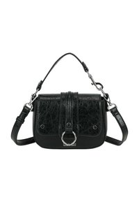 Sac bandoulière noir en simili cuir texturé, avec un rabat avant et un détail en forme d'anneau, une poignée supérieure et une bandoulière réglable.