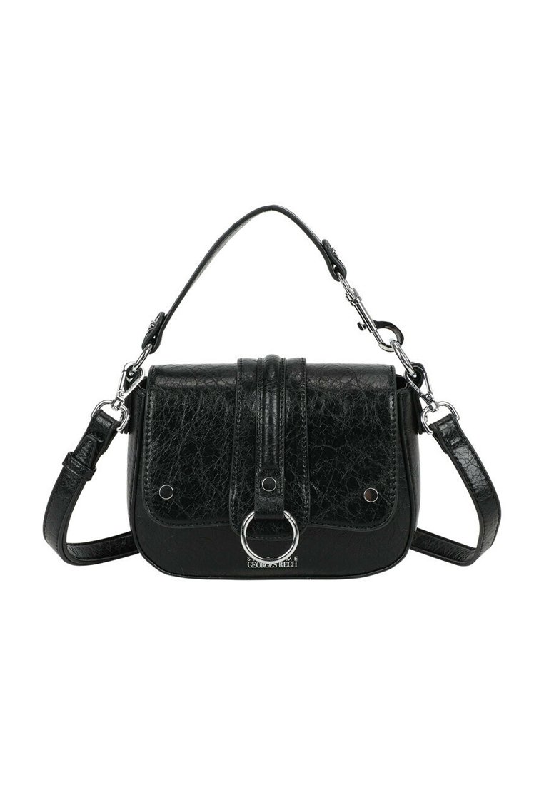 Sac bandoulière noir en simili cuir texturé, avec un rabat avant et un détail en forme d'anneau, une poignée supérieure et une bandoulière réglable.