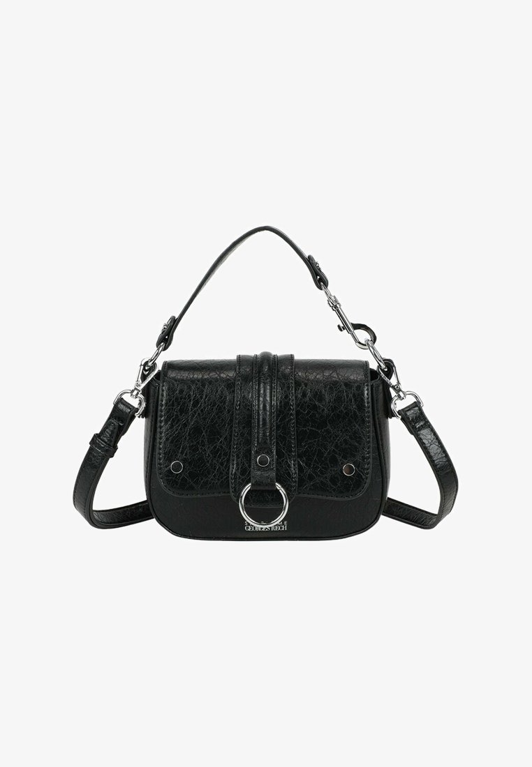 Sac bandoulière noir en simili cuir texturé, avec un rabat avant et un détail en forme d'anneau, une poignée supérieure et une bandoulière réglable.