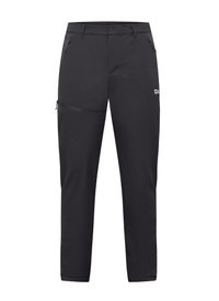 Schwarze Outdoor-Hosen aus leichtem Stoff, mit seitlichem Reißverschlussfach, schmalem Schnitt und verstärkten Nähdetails.