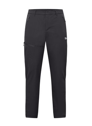 Black outdoor pants made of lightweight fabric, featuring a zippered side pocket, a tapered fit, and reinforced stitching details.