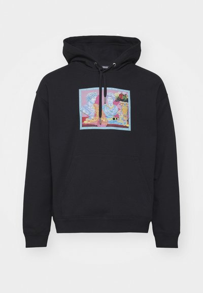 Black hooded sweatshirt with a front pocket, featuring a colorful graphic of two classical figures and floral accents. Cotton blend material.