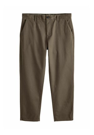 Khaki chinos made of smooth cotton, featuring front pockets, a zip fly, and a button closure. Straight cut with tapered ankles.