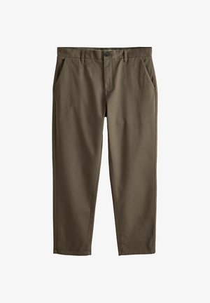 Khaki chinos wykonane z gładkiej bawełny, z kieszeniami z przodu, zamkiem błyskawicznym i zapięciem na guzik. Prosty krój z zwężającymi się nogawkami.