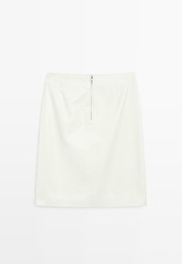 White leather pencil skirt with a smooth texture, rear zipper closure, and clean lines, designed for a fitted silhouette.