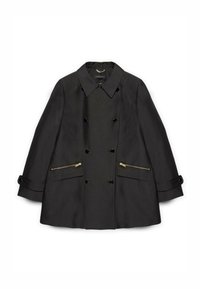 Cappotto doppiopetto nero con colletto a punta, tasche con zip e cinturini ai polsini. Realizzato in tessuto liscio con finitura opaca.