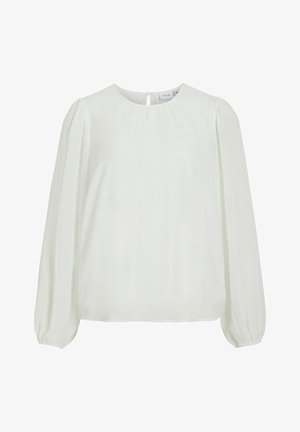 Biała bluzka z długimi bufkami, okrągłym dekoltem i wycięciem na plecach. Lekki materiał o subtelnej fakturze. Prosty i elegancki fason.