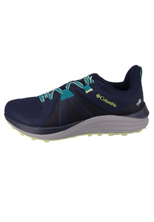 Marineblaue Sportschuhe mit Obermaterial aus Mesh, kontrastierenden türkisfarbenen Schnürsenkeln und limettengrüner Außensohle. Verfügt über ein unterstützendes Design und strukturierte Akzente.