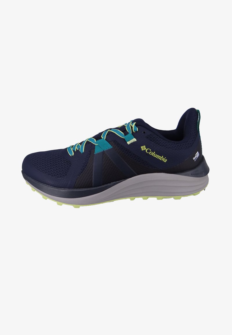 Granatowe buty sportowe z siateczkową cholewką, kontrastującymi, turkusowymi sznurówkami i limonkową podeszwą. Posiadają wspierający design oraz teksturowane akcenty.