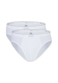 Hvide bomuldsunderbukser med en glat tekstur, med en komfortabel elastisk talje, mærket "mey DRY COTTON." Inkluderer to par i pakken.