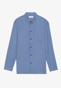 Chemise à manches longues bleu clair avec un devant à boutons, boutons noirs, col et une seule poche poitrine. Fabriquée en tissu texturé.