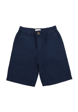 Pantaloncini per bambini blu navy con vita elasticizzata, coulisse, chiusura con bottone e tasche laterali, esposti su sfondo bianco.