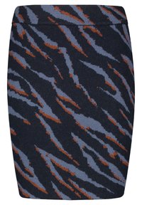 Jupe en tricot à silhouette ajustée, présentant un fond bleu marine et un motif rayé tigre bleu et orange. Texture lisse, longueur mi-cuisse.