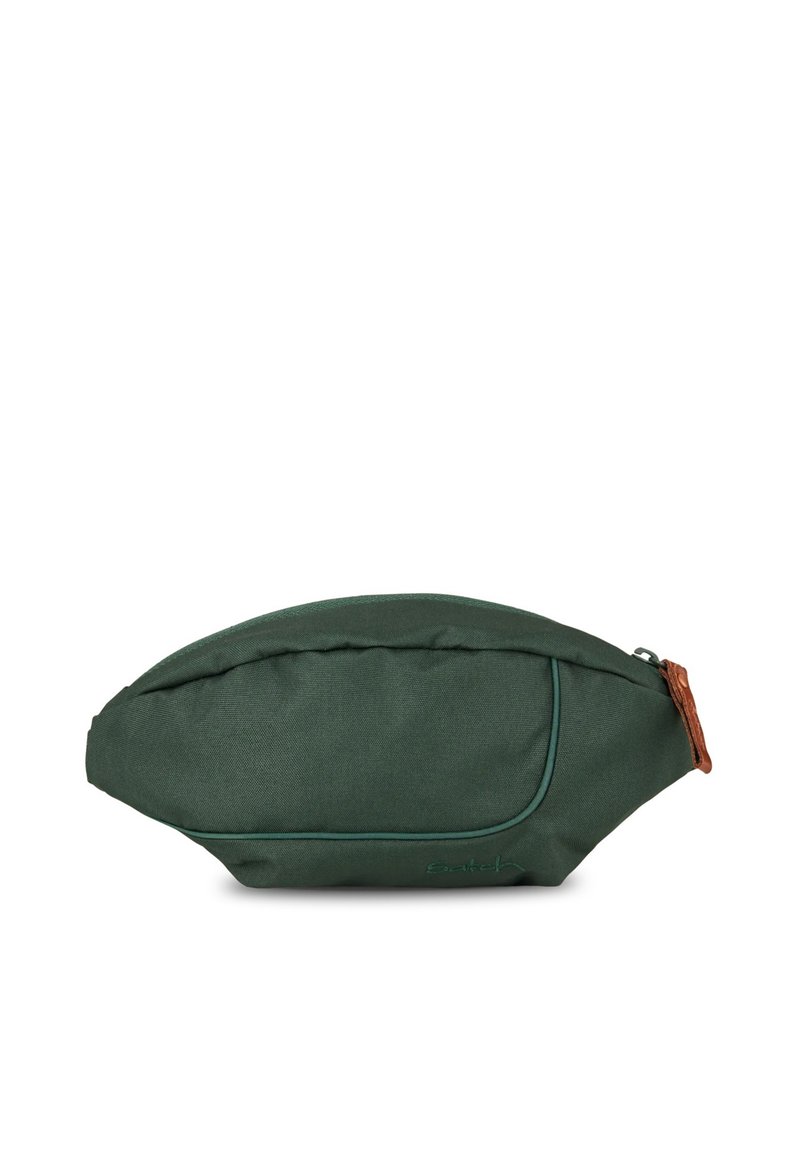 Green fabric pouch with a rounded shape, zip closure, and a leather accent. Features a smooth texture and subtle stitching detail.