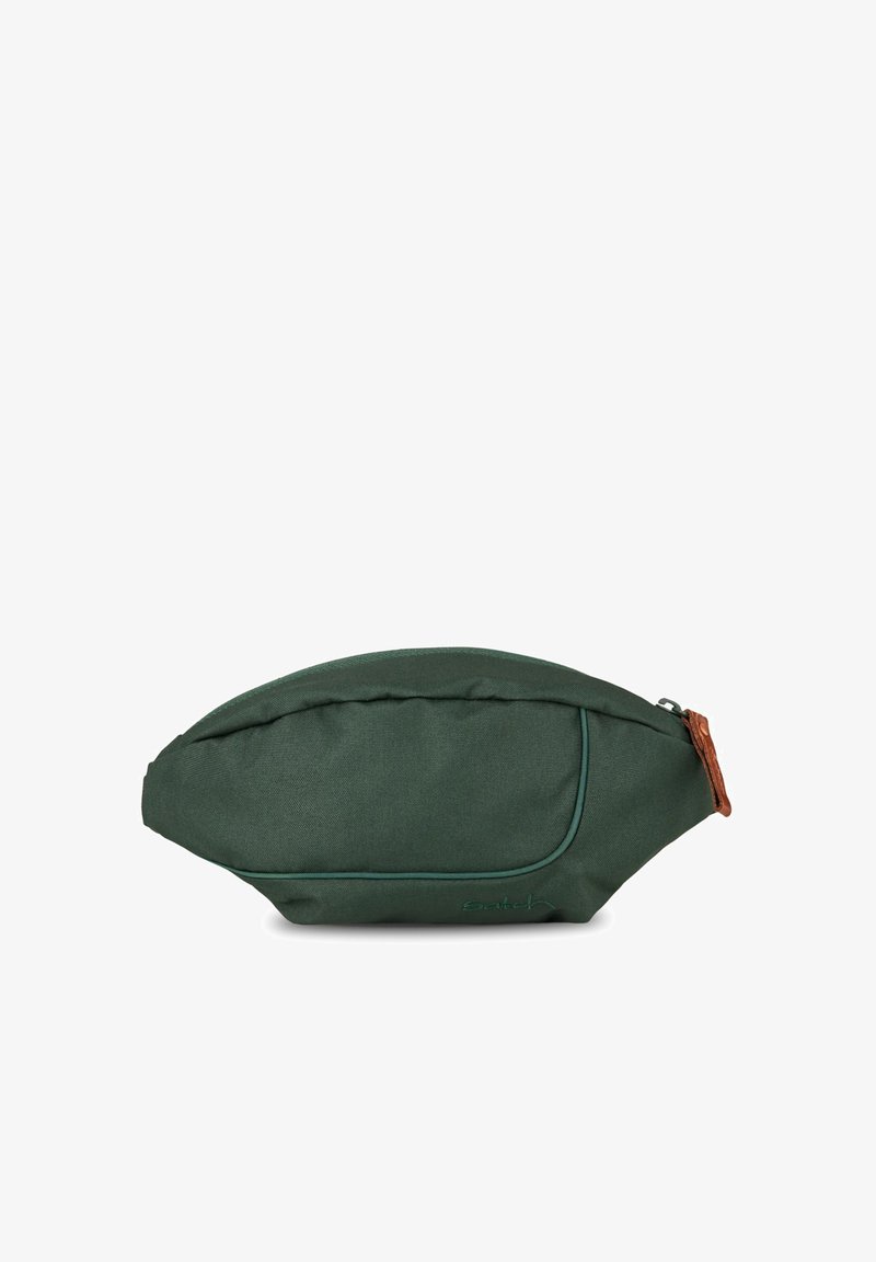 Grüner Stoffbeutel mit runder Form, Reißverschluss und einem Lederakzent. Verfügt über eine glatte Textur und subtile Nähte.