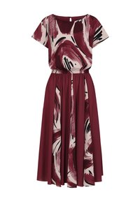 Abito bordeaux con maniche corte; il top presenta motivi astratti crema e neri, vita elastica e un design di gonna fluente.