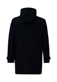 Abrigo azul marino oscuro fabricado en una mezcla de lana, con capucha, mangas largas y bolsillos laterales con cierres de botón, que presenta un diseño minimalista.