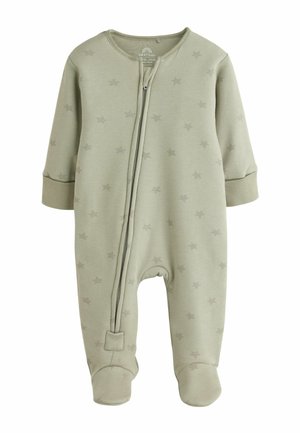 Lysegrøn babydragt med lange ærmer, lukkede fødder, diskret stjernemønster og lynlåslukning foran, der dækker det ene ben.