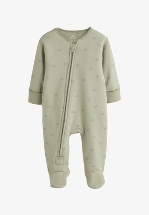 Šviesiai žalias kūdikių romperis su ilgomis rankovėmis, uždengtais pėdutėmis, subtiliu žvaigždžių raštu ir priekinės dalies užtrauktuku, dengiančiu vieną koją.