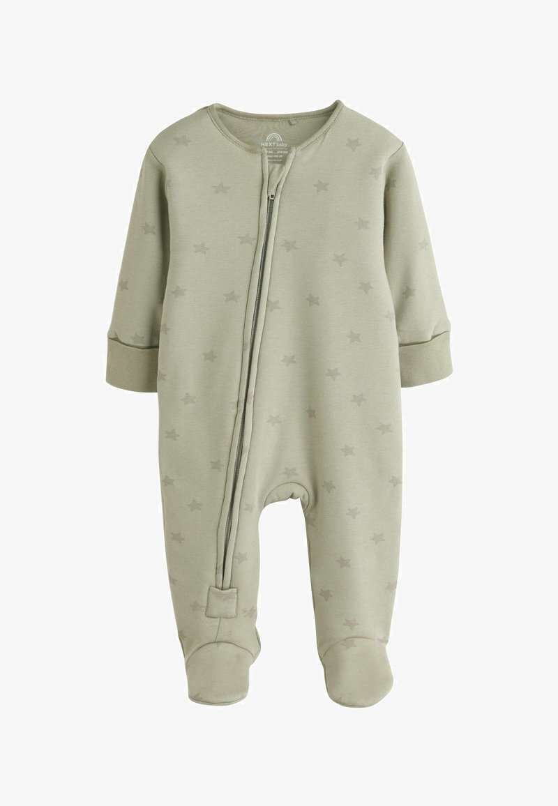 Grenouillère bébé vert clair à manches longues, pieds fermés, avec un motif d'étoiles subtil et une fermeture éclair frontale couvrant une jambe.