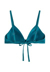 Bikini vrchní díl v barvě teal, ve tvaru trojúhelníku, vyrobený z hladké látky, s nastavitelnými ramínky a zavazováním na zádech pro přizpůsobení velikosti.