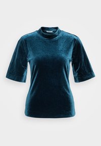 Teal fluwelen top met een hoge hals, korte mouwen en een gladde textuur. Heeft een ontspannen fit en minimalistische designelementen.