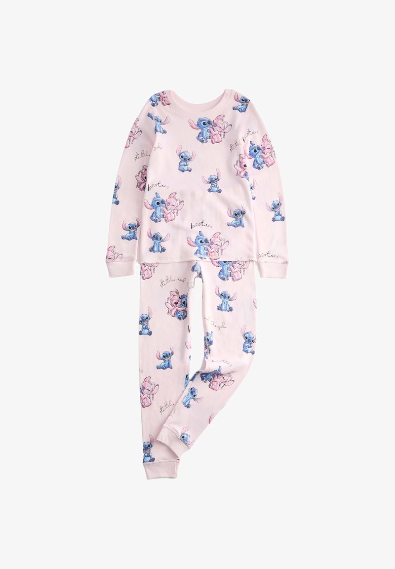 Pink ribbed pajama set featuring long sleeves and pants, adorned with cartoon characters and text patterns in blue and pink.
