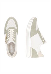 Light green and white sneakers feature suede and mesh panels, a textured surface, lace-up front, and a side zipper detail.