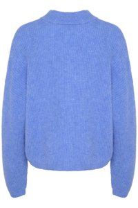 Blue sweater with a soft, ribbed texture, featuring a round neckline and wide, dropped shoulders. The design is relaxed-fit and mid-length.