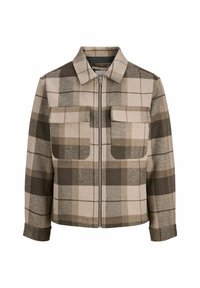 Veste zippée à carreaux marron et beige avec col et deux poches poitrine à rabat.