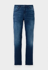 Jeans dark blue din denim, cu un design cu picior drept, având estompare subtilă și detalii uzate. Stil clasic cu cinci buzunare.