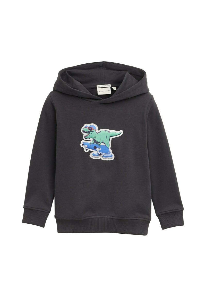 Donkergrijze hoodie van zacht materiaal, met een kleurrijke dinosaurusschets die een zonnebril draagt en op een skateboard rijdt, op de voorkant.