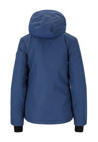 Blå isolerad jacka med huva, med en jämn yta, elastiska ärmslut och en något rundad nederkant, endast bakvy.