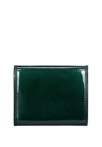 Green leather wallet with a glossy finish. Features a rectangular shape, smooth texture, and fine stitching along the edges.