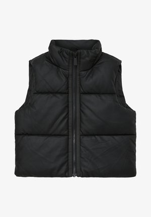 Černá péřová vesta s vysokým límcem a zipem vpředu. Disponuje prošívanou texturou a bez rukávů, navržena pro snadný pohyb.