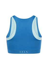 Sculptat cu un ton albastru, acest sutien sportiv are accente de un albastru deschis, gât rotunjit și bretele late. Prezintă o textură netedă și un detaliu subtil al logo-ului la talie.