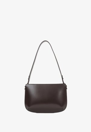 Geantă de umăr din piele naturală netedă, culoare maro închis, cu o curea subțire și o formă dreptunghiulară rotunjită, fără buzunare sau ornamente vizibile.