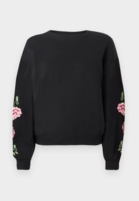 Mustame sweatshirt ümmarguse kaelusega, millele on õmmeldud roosad lilleäärised varrukatel ja ribatud soonikud alläärtes ja randmetes.