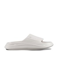White slip-on sandal with a smooth, matte finish, rounded toe, and subtle design features. Lightweight material with a contoured sole.