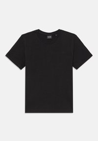 Schwarzes Baumwoll-T-Shirt mit rundem Ausschnitt und kurzen Ärmeln. Mit einem dezenten, auf der Brust gestickten Logo. Glatte Textur.