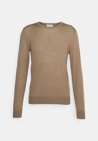 Hellbrauner Strickpullover mit Rundhalsausschnitt, langen Ärmeln und geripptem Saum. Hergestellt aus weichem Material mit glatter Oberflächenstruktur.