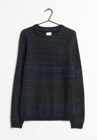 Mörkblå och svart randig tröja med rund halsringning, långa ärmar, texturerat stickat tyg och ribbade muddar och nederkant.