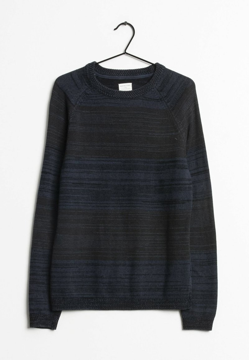 Mörkblå och svart randig tröja med rund halsringning, långa ärmar, texturerat stickat tyg och ribbade muddar och nederkant.