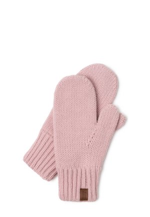 Moufles en doux rose, avec des poignets côtelés et une petite étiquette marron, affichant un motif texturé sur l'ensemble du tissu.