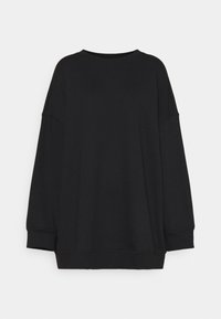 Sudadera negra de gran tamaño con cuello redondo, hombros caídos, mangas largas y puños y dobladillo acanalados. Textura lisa sin patrones.