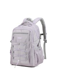 Zaino viola chiaro con spallacci imbottiti, tasca esterna in rete, compartimento anteriore con cerniera e cordino elastico per ulteriore spazio di stoccaggio.